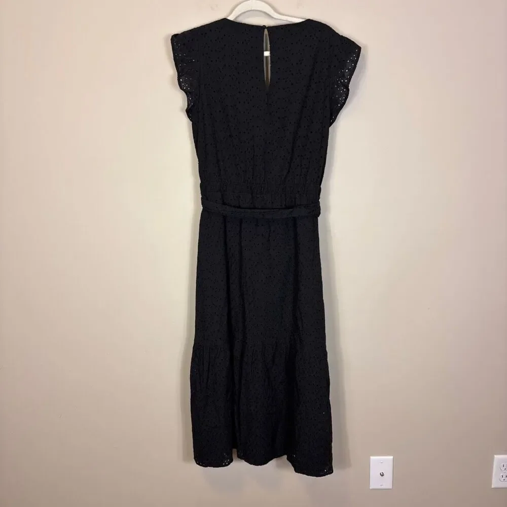 Evereve Black Eyelet V Neck Cotton Sleeveless Midi Dress with Belt XL‎